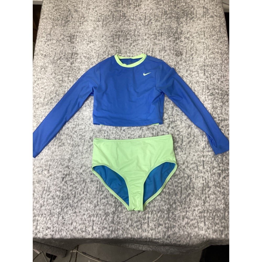 Nike Girls Blue Lime Green Long Sleeve Rash Guard Swimsuit Set NESSF735 XL